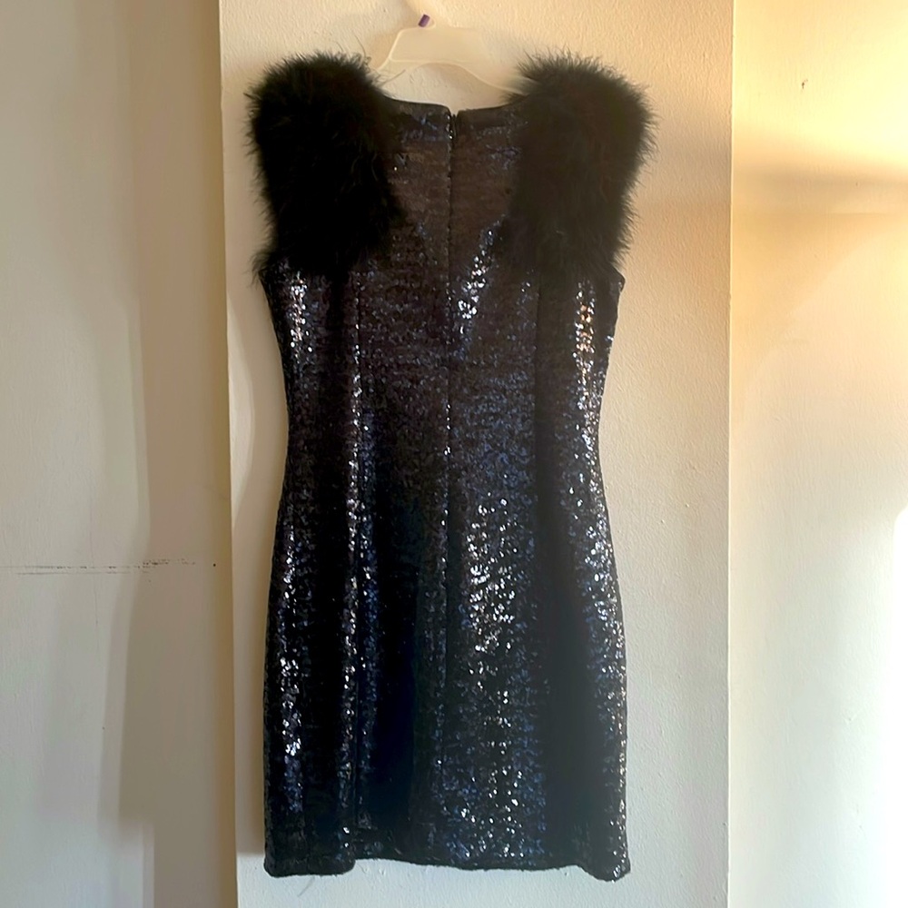 Tyler Boe Black Sequence Cocktail Dress with Fur embellishments. - Picture 6 of 6